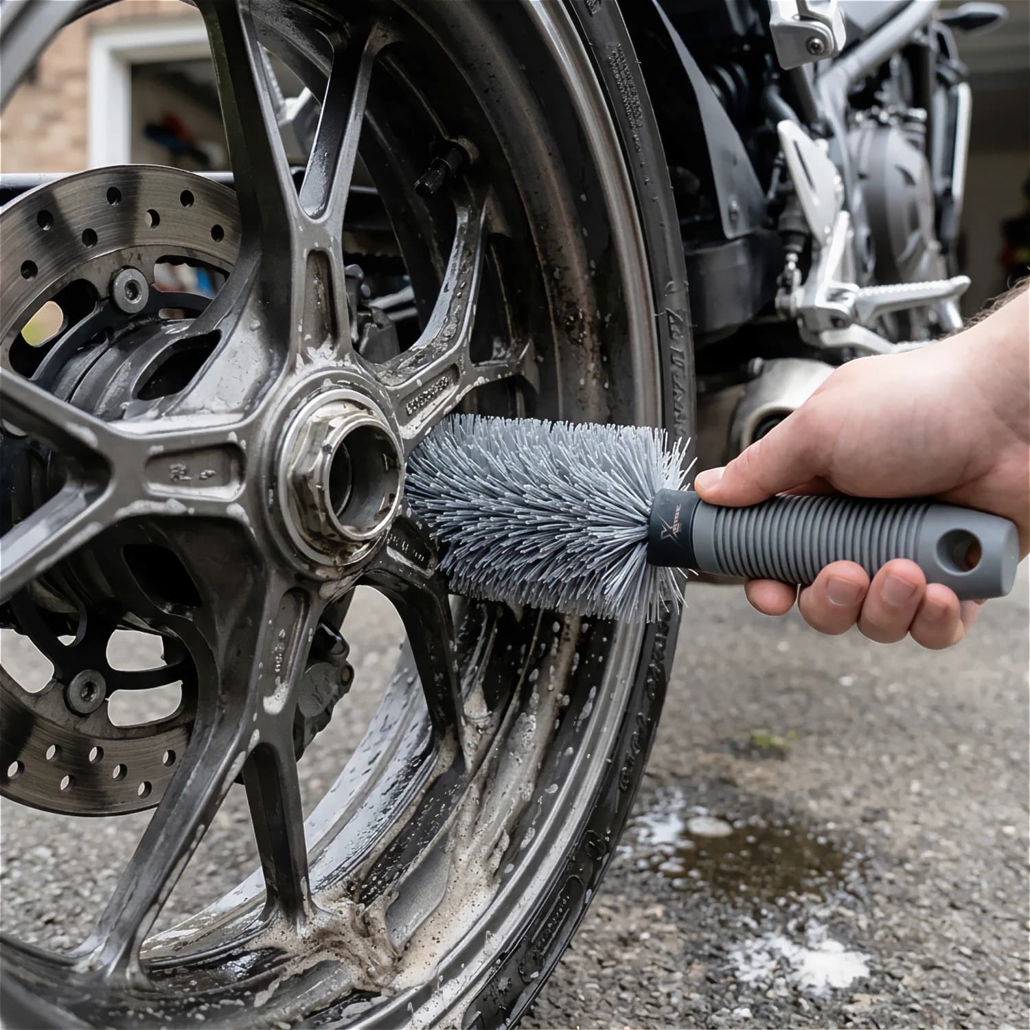 Szczotka czyści felgę motocykla w zakamarkach